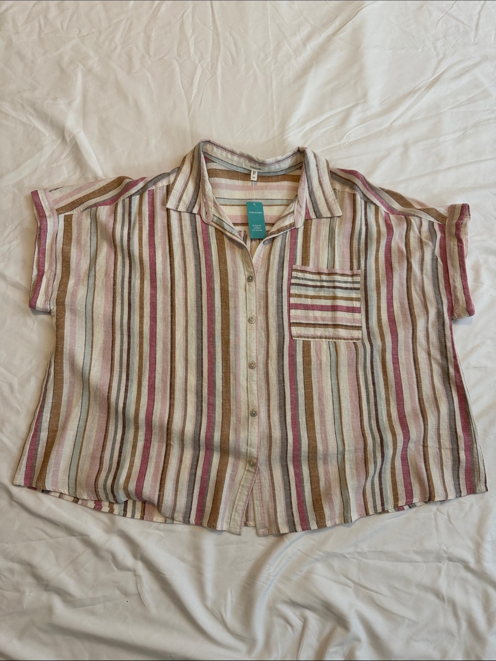 Maurices Striped Short Sleeve Button-Front Top in Cream, Pink, Brown